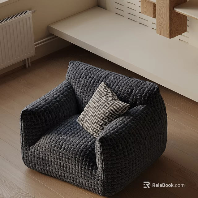 Dark Blue Woven Accent Chair With Plaid Pillow In Minimalist Room Design 3d model 