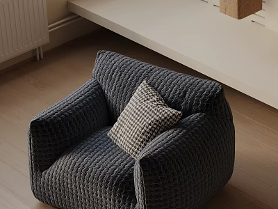 Dark Blue Woven Accent Chair With Plaid Pillow In Minimalist Room Design 3d model