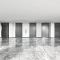 Modern Elevator Hallway With Gray Doors White Walls And Polished Tiled Flooring