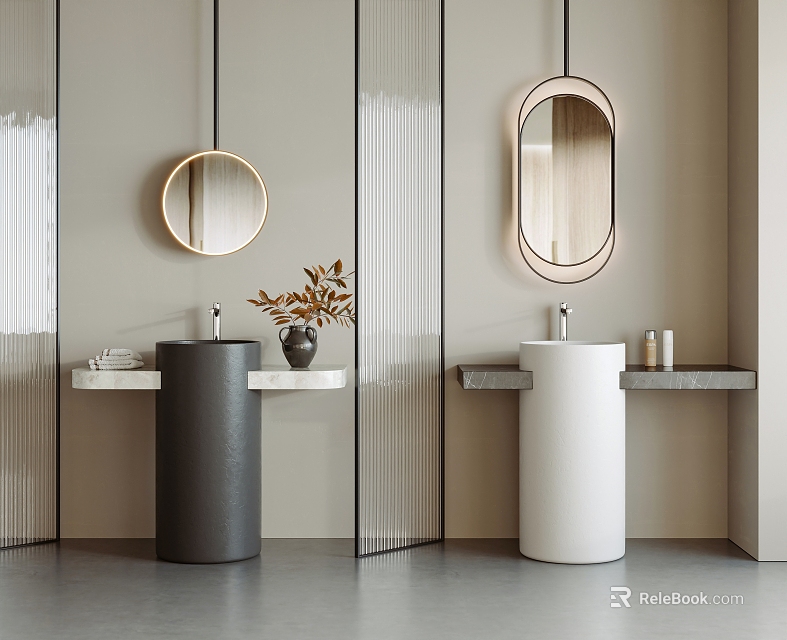 Modern Bathroom With Black And White Cylindrical Washbasins Round Mirrors Potted Plant And Glass Partition 3d model 