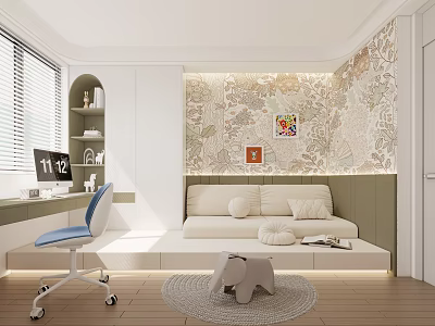 Modern Bedroom With Desk by Window White Storage Cabinets Patterned Accent Wall Tatami Sofa Bed 3d model