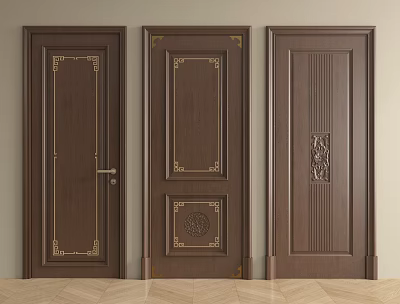 Dark Brown Swing Doors With Golden Accents And Intricate Carvings 3d model