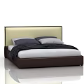 Modern Double Bed with Beige Headboard Brown Frame White Bedsheet Gray Pillows and Dark Blanket