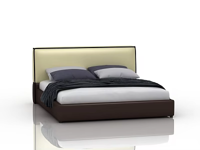 Modern Double Bed with Beige Headboard Brown Frame White Bedsheet Gray Pillows and Dark Blanket 3d model