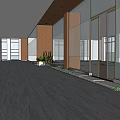 Modern Office Corridor With Glass Doors Wooden Walls Green Plants And Gray Flooring