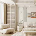 Modern Elegant Bedroom Interior With Cream Bed Rug Nightstand Chandelier Art Cabinets Round Sofa Bookshelf