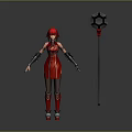 Red Hair Female Character In Red Tight Suit With Mechanical Arms And Hexagonal Hammer