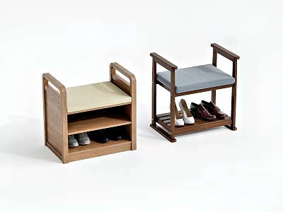 Wooden Shoe Cabinet With Bench Seat Beige And Blue Cushions For Shoe Storage 3d model