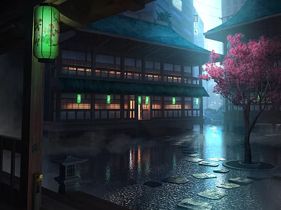 Ancient Architecture With Traditional Curved Roof Green Lanterns Pond And Cherry Blossom Tree 3d model