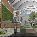 Modern Shopping Mall Lobby With Living Plant Wall Large Sculpture And Staircase