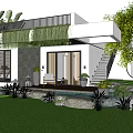 Modern Detached Villa White Exterior Green Roof Vines Large Windows Lawn And Stone Water Feature