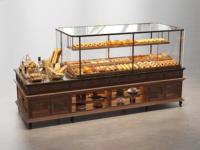 Bakery Display Shelf Featuring Glass Case Wooden Base Assorted Bread Croissants And Storage Drawers 3d model