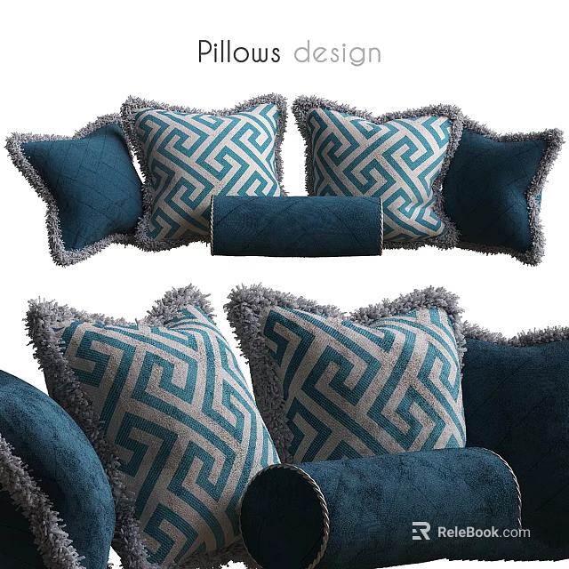 Blue Throw Pillows With Geometric Maze Pattern And Fringe Edges For Sofa Decor Collection 3d model