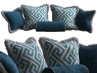 Blue Throw Pillows With Geometric Maze Pattern And Fringe Edges For Sofa Decor Collection 3d model