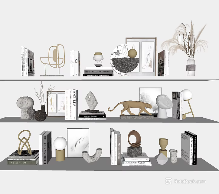 Modern Decorative Ornament Set with Books Photo Frames Sculptures Vases Leopard Figurine and Geometric Shapes 3d model 