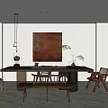 Traditional Tea Room Interior With Wooden Table Chairs Red Painting Hanging Lamp And Green Plant