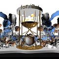 Artistic Decorative Installation With Gold Hourglass Structure Blue Gold Flowers White Leaves And Soft Lighting