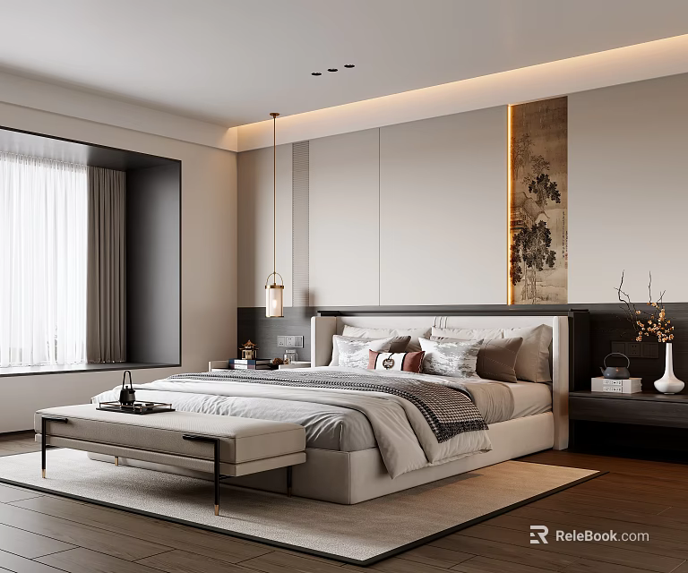 Elegant Modern Bedroom Interior With Wall Art Bed Bench And Recessed Lighting 3d model 