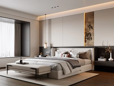 Elegant Modern Bedroom Interior With Wall Art Bed Bench And Recessed Lighting 3d model