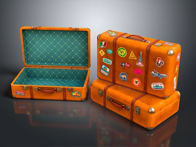 Vintage Orange Suitcases Open And Stacked With Colorful Travel Stickers 3d model