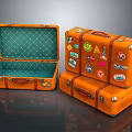 Vintage Orange Suitcases Open And Stacked With Colorful Travel Stickers