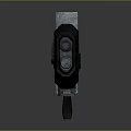 Futuristic Sci Fi Weapon with Black Metallic Body Glowing Blue Energy Core Mechanical Grip Design