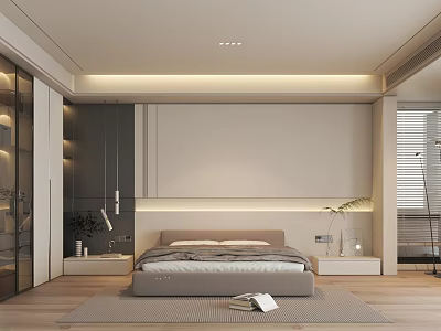 Modern Bedroom Interior Design With Bed Headboard Wall Lighting Nightstands Rug And Blinds 3d model