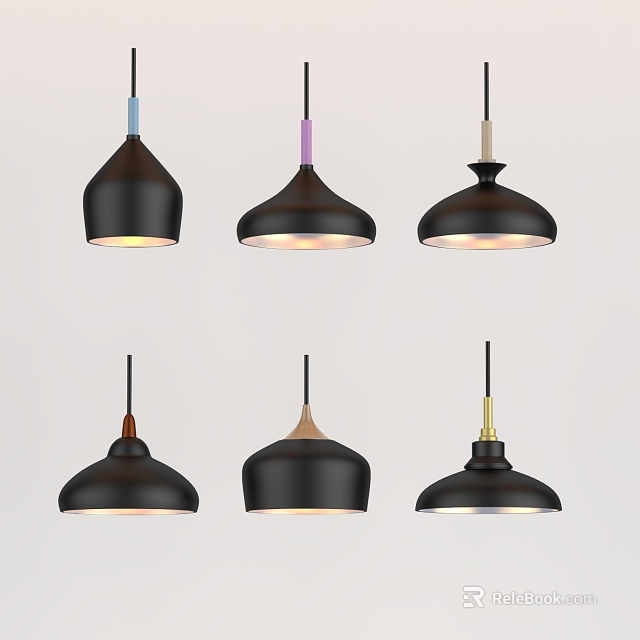 Six Modern Black Bell Shaped Pendant Lights with Colorful Accents Illuminated in Light Background 3d model 