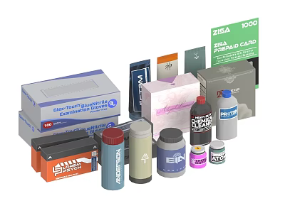 Assorted Daily Household Essentials With Supplements First Aid Card And Containers 3d model