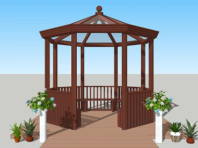 Outdoor Octagonal Wooden Gazebo with Glass Roof and Surrounding Flowers Plants on Deck 3d model