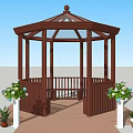 Outdoor Octagonal Wooden Gazebo with Glass Roof and Surrounding Flowers Plants on Deck