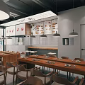 Modern Restaurant Interior With Long Wooden Tables Chairs Hanging Lights Wooden Ceiling And Wall Decor
