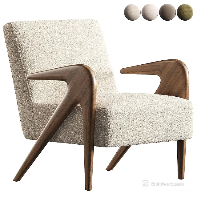 Comfortable Modern Single Sofa In Light Beige Plush Fabric With Walnut Armrests And Tapered Legs 3d model 