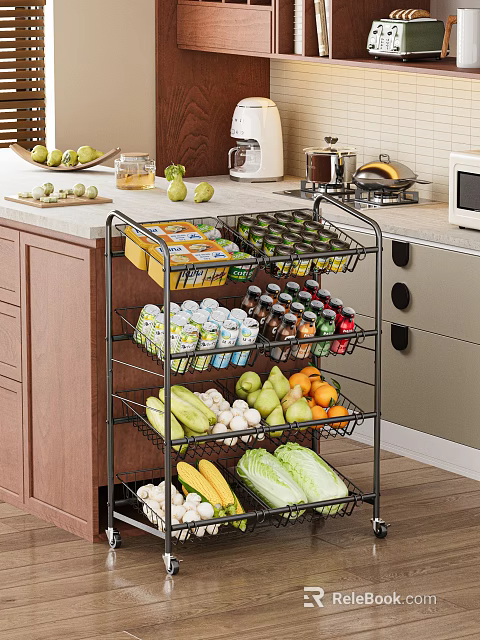 Fresh Vegetables in Multi Layer Metal Cart on Kitchen Counter with Wooden Cabinets and Appliances 3d model 