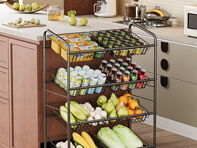 Fresh Vegetables in Multi Layer Metal Cart on Kitchen Counter with Wooden Cabinets and Appliances 3d model