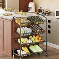 Fresh Vegetables in Multi Layer Metal Cart on Kitchen Counter with Wooden Cabinets and Appliances