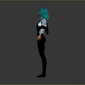 Stylized 3D Character With Teal Hair Green Eyes White Top Black Pants And Blue Coat