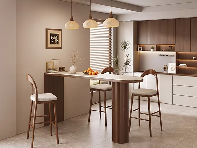 Modern Kitchen Dining Table With Wooden Bar Stools Pendant Lights And Indoor Plants 3d model