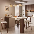 Modern Kitchen Dining Table With Wooden Bar Stools Pendant Lights And Indoor Plants