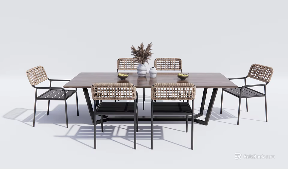 Dining Table Set with Rattan Chairs Wooden Tabletop and Decorative Plant Vase Modern Design 3d model 