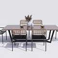 Dining Table Set with Rattan Chairs Wooden Tabletop and Decorative Plant Vase Modern Design