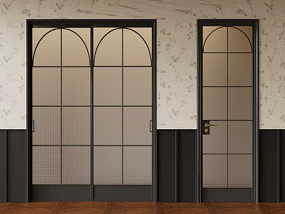 Black Frame Glass Casement Doors With Grid Design On Floral Wallpaper And Wooden Floor 3d model
