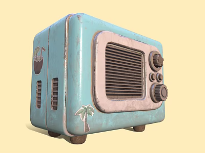 Light Blue Retro Radio With Decorative Palm Tree Coconut Patterns And Vintage Texture Knobs Grille 3d model