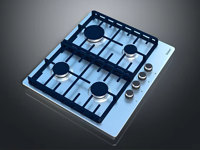 Stainless Steel Gas Cooktop With Four Burners Blue Grates And Control Knobs 3d model