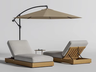 Outdoor Wooden Frame Lounge Chairs With Gray Cushions Beige Parasol And Small Side Table 3d model