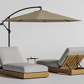 Outdoor Wooden Frame Lounge Chairs With Gray Cushions Beige Parasol And Small Side Table
