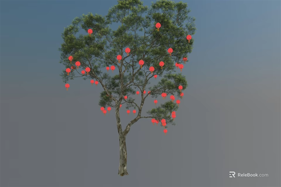 Decorative Red Lanterns Hanging On Green Tree With Blue Sky Background 3d model