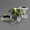 Elegant Tableware Set with Black Gold Rim Plates Utensils Clear Glass Cups Fruits and Greenery