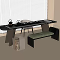Modern Black Tea Table with Teapot Cups Green Bench Transparent Side Table by Window Blinds 3d model