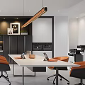 Modern Office Break Room Interior With Open Layout Gray Cabinets Orange Chairs And Long Table